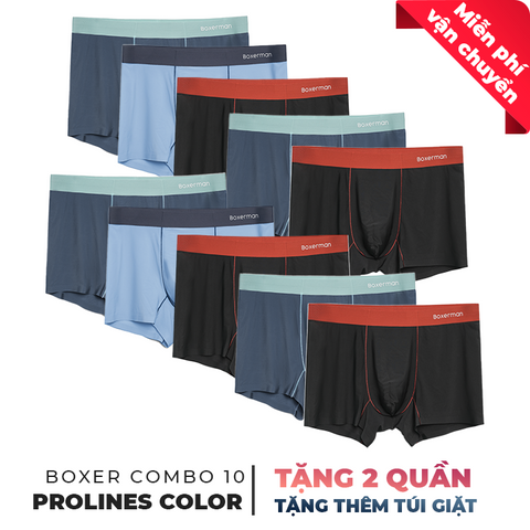 Combo 10 quần lót Boxer nam PROLINES COLOR lụa băng mạnh mẽ + Tặng 2 quần + Tặng túi giặt